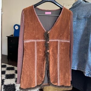 Vintage Brown Suede Vest with Faux Fur Trim